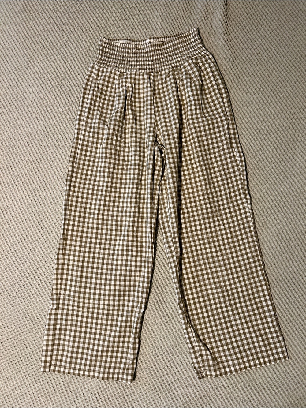 Smocked Elastic Waist Wide Leg Brown Gingham Summer Flowy Pants